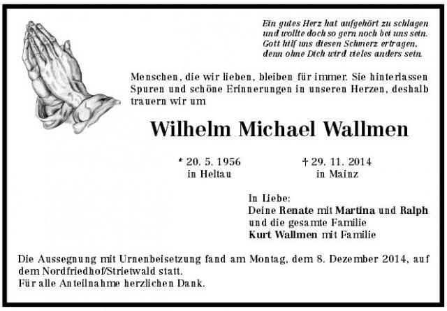 Wallmen Wilhelm 1956-2014 Todesanzeige 2